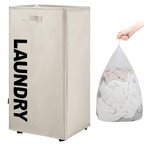 TOTANKI 25" Rolling Laundry Basket, Foldable with Handle (Black)
