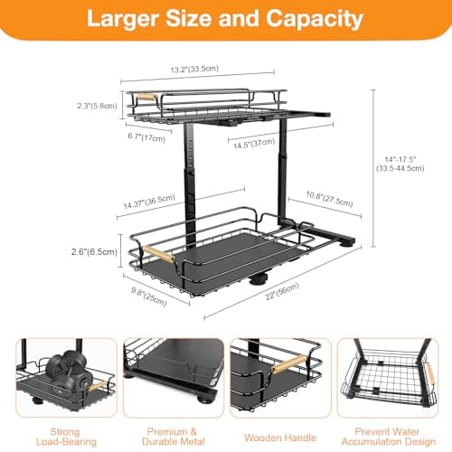 Under Sink Organizer for Kitchen and Bathroom, Metal Sliding Drawer, 2 Tier Storage - Black (2 Pack)