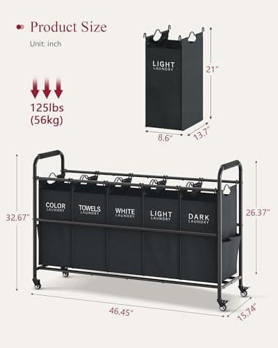 5-Bag Laundry Sorter Cart with Rolling Wheels for Dirty Clothes Storage
