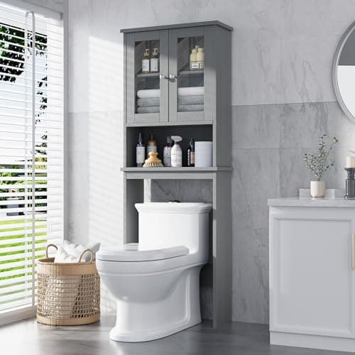Meilocar Grey Over Toilet Storage Cabinet with Glass Doors