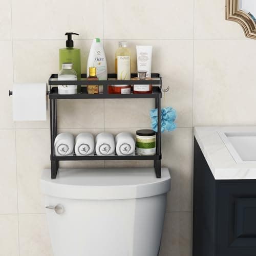 Bathroom Shelf with Toilet Paper Holder and Hooks, 2 Tier Metal Organizer Rack - Black