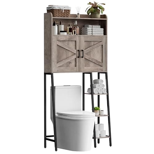 Toilet Storage Cabinet with Barn Doors and Toilet Paper Holder Stand, FreeStanding Shelf Space Saver for Bathroom, White
