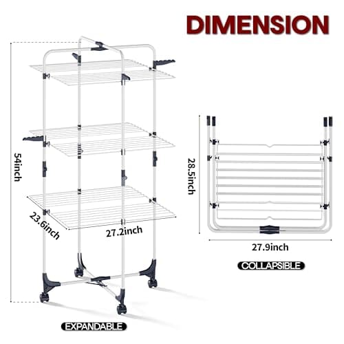 APEXCHASER 3-Tier Collapsible Laundry Rack with Wheels & Hooks, White