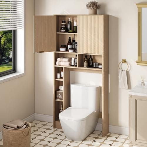 Over Toilet Storage Cabinet with Adjustable Shelf, Oak Wave Pattern Doors, 31" Wide