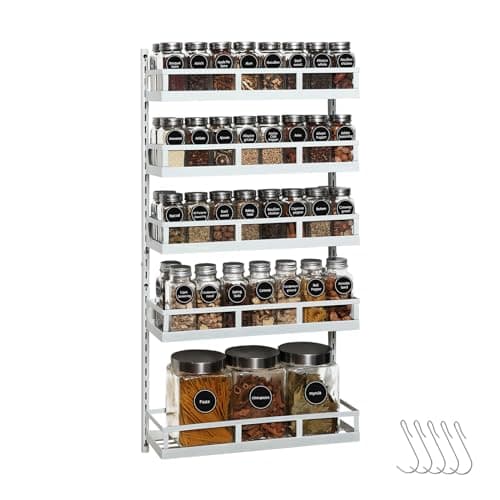 X-cosrack 5-Tier Height-Adjustable Wall Mount Spice Rack Organizer for Kitchen Pantry - Dual-Use Seasoning Holder with Hooks, Black