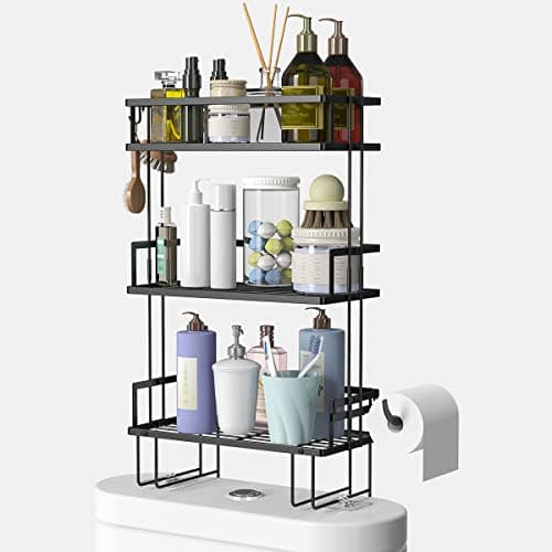 3-Tier Over-The-Toilet Storage Shelf with Hooks - Punch-Free Bathroom Organizer, Black