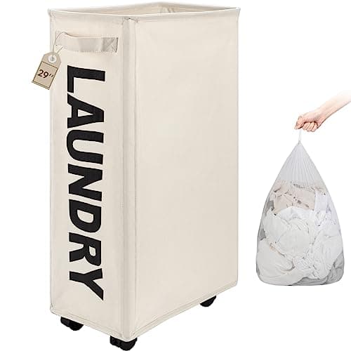 TOTANKI 25" Rolling Laundry Basket, Foldable with Handle (Black)