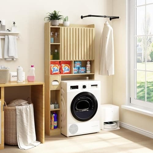 RUSTOWN Large Over-Toilet Storage Cabinet, Fluted Doors, Adjustable Shelf & Paper Holder, Natural Wood