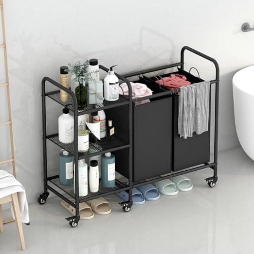 LINZINAR 2 Bag Laundry Basket Sorter with Storage Shelf, Black