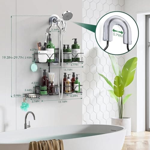 Upgraded Hanging Shower Caddy with Hooks & Soap Holder, Adjustable Height Rack