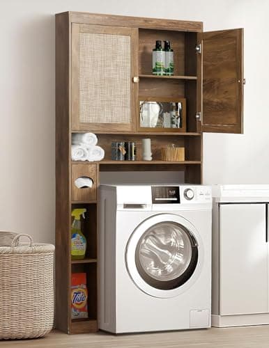 Rustic Brown Over Toilet Organizer with Double Doors & Adjustable Shelf