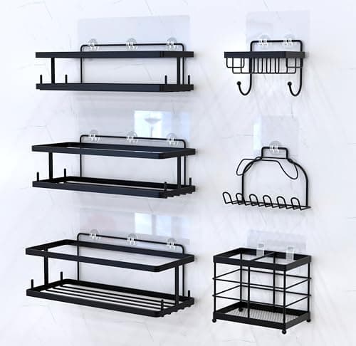 Comelyjewel Black Shower Caddy with Hooks, Baskets, and Razor Holder