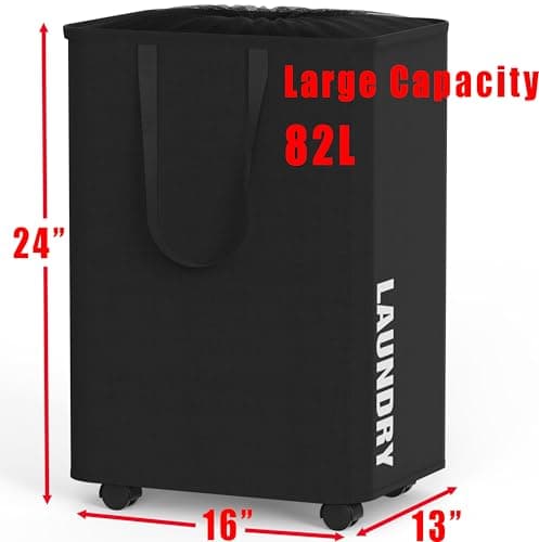 Black 82L Laundry Basket with Wheels and Drawstring Closure