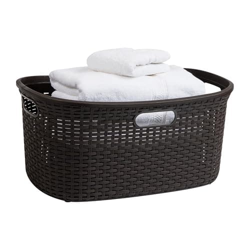 Ivory Wicker 40L Mind Reader Laundry Basket, Plastic Lid