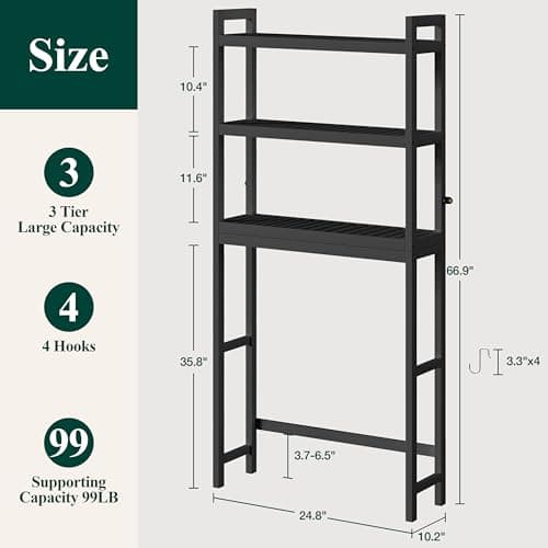 Smiry 3-Tier Bamboo Over Toilet Organizer, Space-Saving Hook Storage, Black