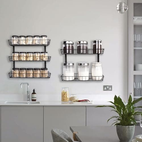 Adjustable Wall Mount Spice Rack for Kitchen Storage, 9-Tier Organizer - Black