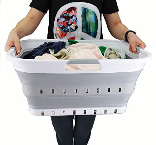 Collapsible 42L Plastic Laundry Basket - Space Saving Storage for Laundry - White/Grey (1, Adult)
