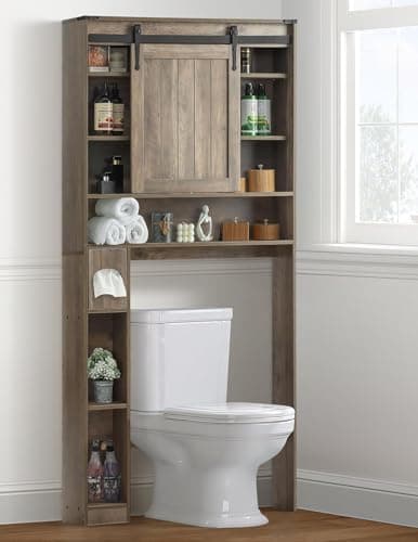 Rustic Brown Over Toilet Organizer with Double Doors & Adjustable Shelf