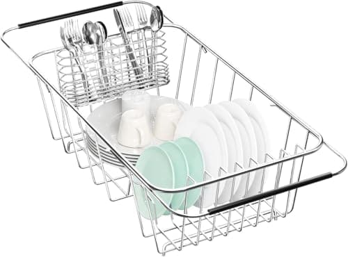 Adjustable 304 Stainless Steel Sink Dish Drier Rack with Utensil Holder