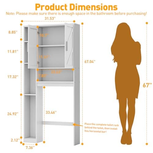 White Space-Saving Toilet Cabinet with 7 Shelves & Paper Holder, Above Toilet Organizer
