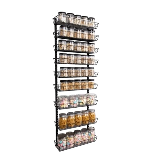 Adjustable Wall Mount Spice Rack for Kitchen Storage, 9-Tier Organizer - Black