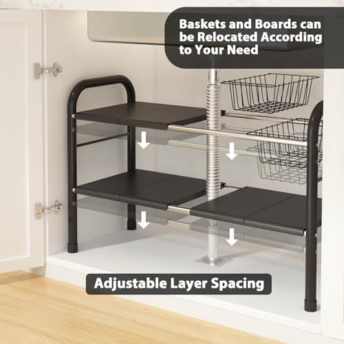 Expandable Under Sink Organizer with 2 Tiers and 2 Removable Baskets