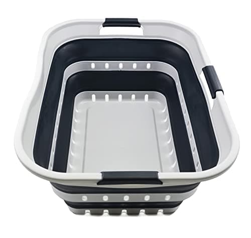 Collapsible 42L Plastic Laundry Basket - Space Saving Storage for Laundry - White/Grey (1, Adult)