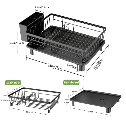 Stainless Steel Dish Drainer Rack with Drip Tray & Holders, Black