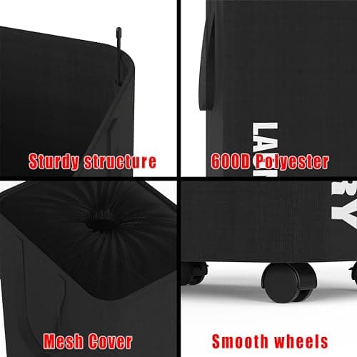 Black 82L Laundry Basket with Wheels and Drawstring Closure