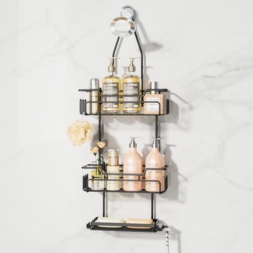 SWTYMIKI 3-Tier Over Shower Head Organizer - Black, 16 Hooks, Anti-Swing, Rustproof