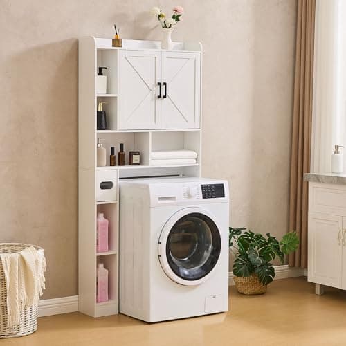 Farmhouse Storage Cabinet Over Toilet with 2 Barn Doors, White