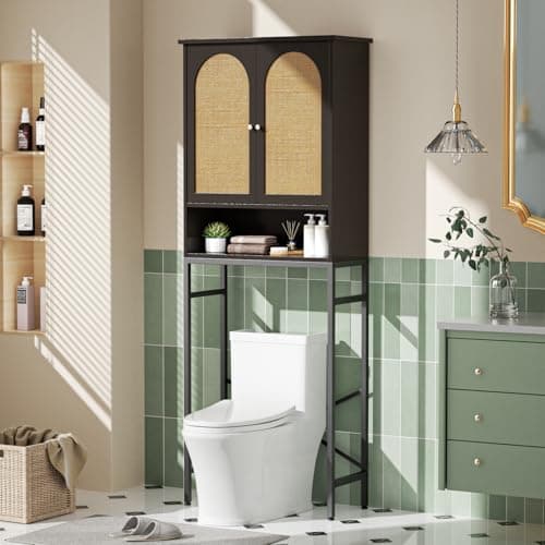 Tall Rattan Toilet Storage Cabinet with Metal Stand, Bathroom Organizer