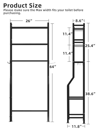 Black 3-Tier Over-the-Toilet Storage Shelves with Hooks and Paper Holder