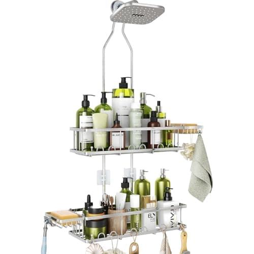 Black Rustproof Over Shower Organizer with Hooks & Soap Holders - Adjustable Height