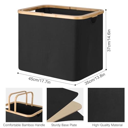 Black Laundry Hamper with Bamboo Handle, Collapsible 60L Basket for College Dorm and Family
