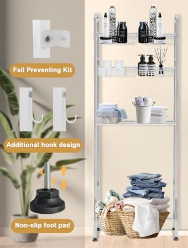 White Over-the-Toilet Storage Rack with 3-Tier Shelf & 6 Adjustable Shelves + 4 Hooks