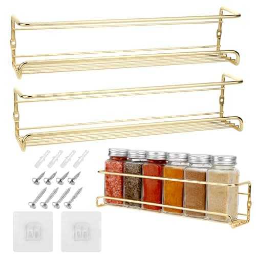 2 Pack Gold Self-Adhesive Metal Spice Racks for Fridge Doors & Kitchens