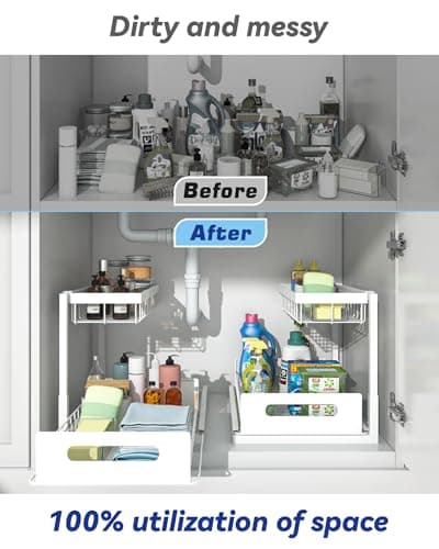 2 Pack Metal Under Sink Organizers with Sliding Drawer, White, Kitchen & Bathroom Storage