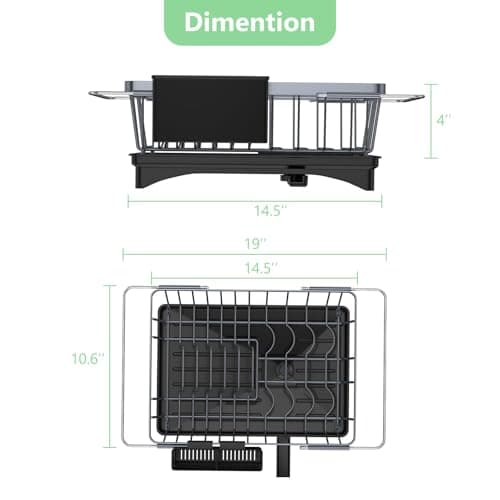 LEMIKKLE Space-Saving Expandable Dish Drying Rack with Cutlery Holder - Grey