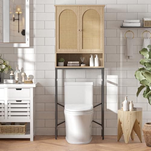 Rattan Over-Toilet Storage Cabinet with Metal Stand and Shelves
