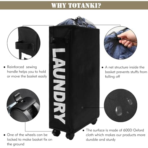 TOTANKI 25" Rolling Laundry Basket, Foldable with Handle (Black)