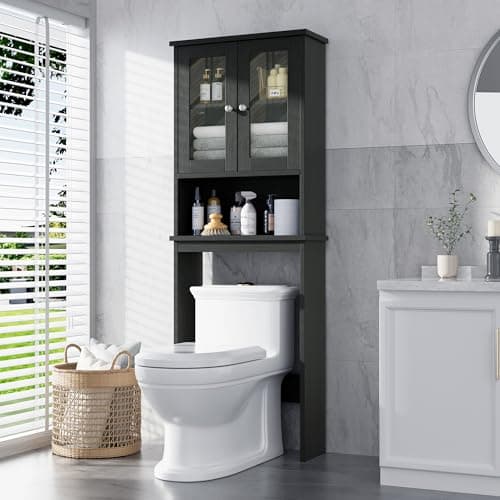 Meilocar Grey Over Toilet Storage Cabinet with Glass Doors