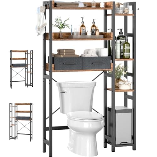 Rustic Brown 7 Tier Toilet Organizer with 2 Drawers & 4 Hooks