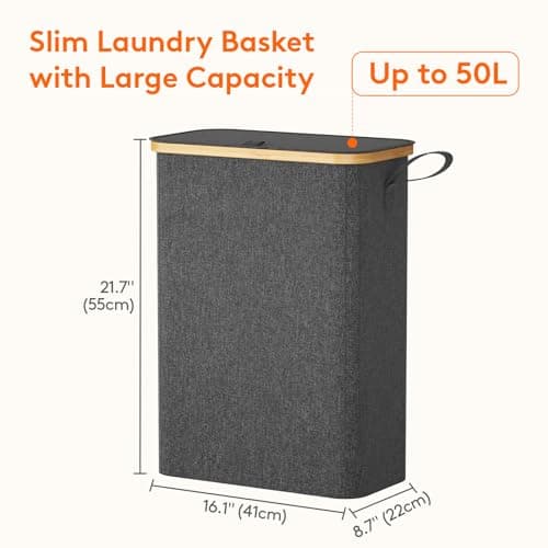 Slim 50L Laundry Hamper with Lid and Bamboo Handles