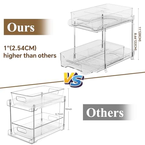 Under Sink Organizer Set: 2 Stackable Clear Bathroom Storage Drawer Bins with Dividers for Kitchen, Pantry, and Closet