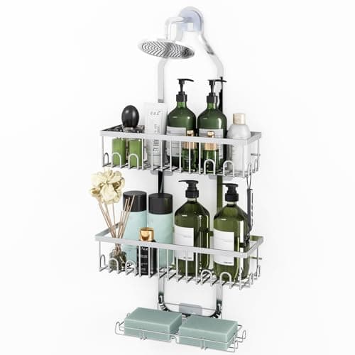 Fixwal Adjustable Height Black Shower Organizer with Hooks and Soap Holders