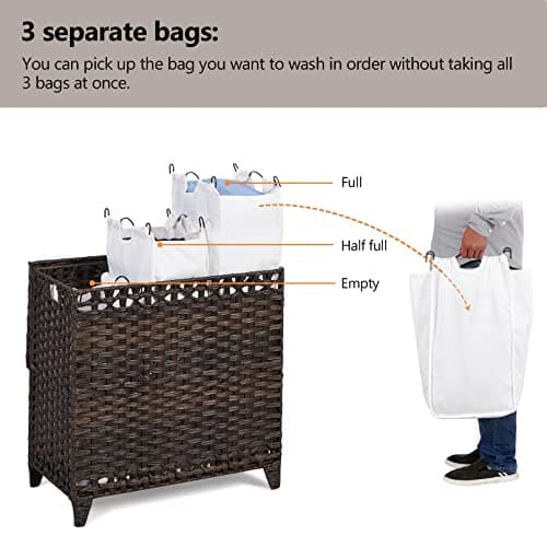Laundry Basket with 3 Liner Bags; 132L Rattan Basket with Lid & Feet; Sorter with 3 Sections (Brown)