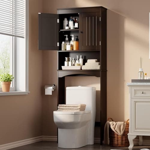 Gizoon White Wooden Toilet Storage Cabinet with Adjustable Shelf and Double Doors