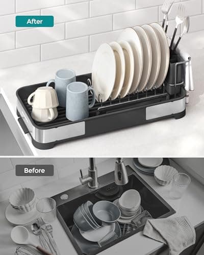 SONGMICS Stainless Steel Dish Drying Rack, Silver & Black, Kitchen Counter UKCS034B01