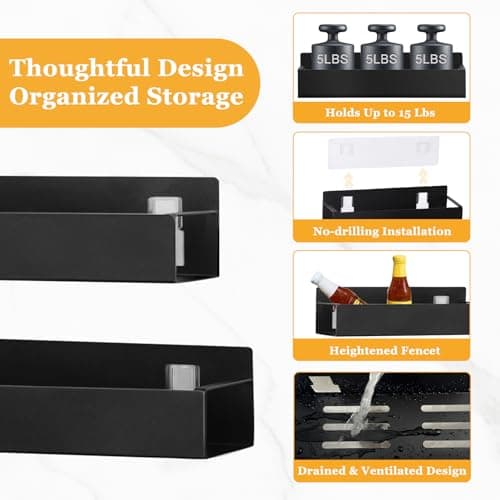 Wall-Mounted Spice Rack Set: 2 Black Adhesive Organizers for Smooth Surfaces, No Drilling Needed